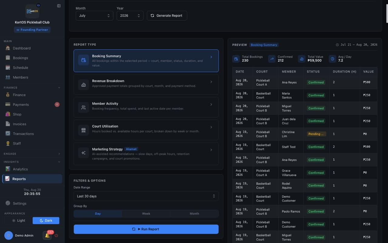 KortOS reports — booking, revenue and BIR-ready reports